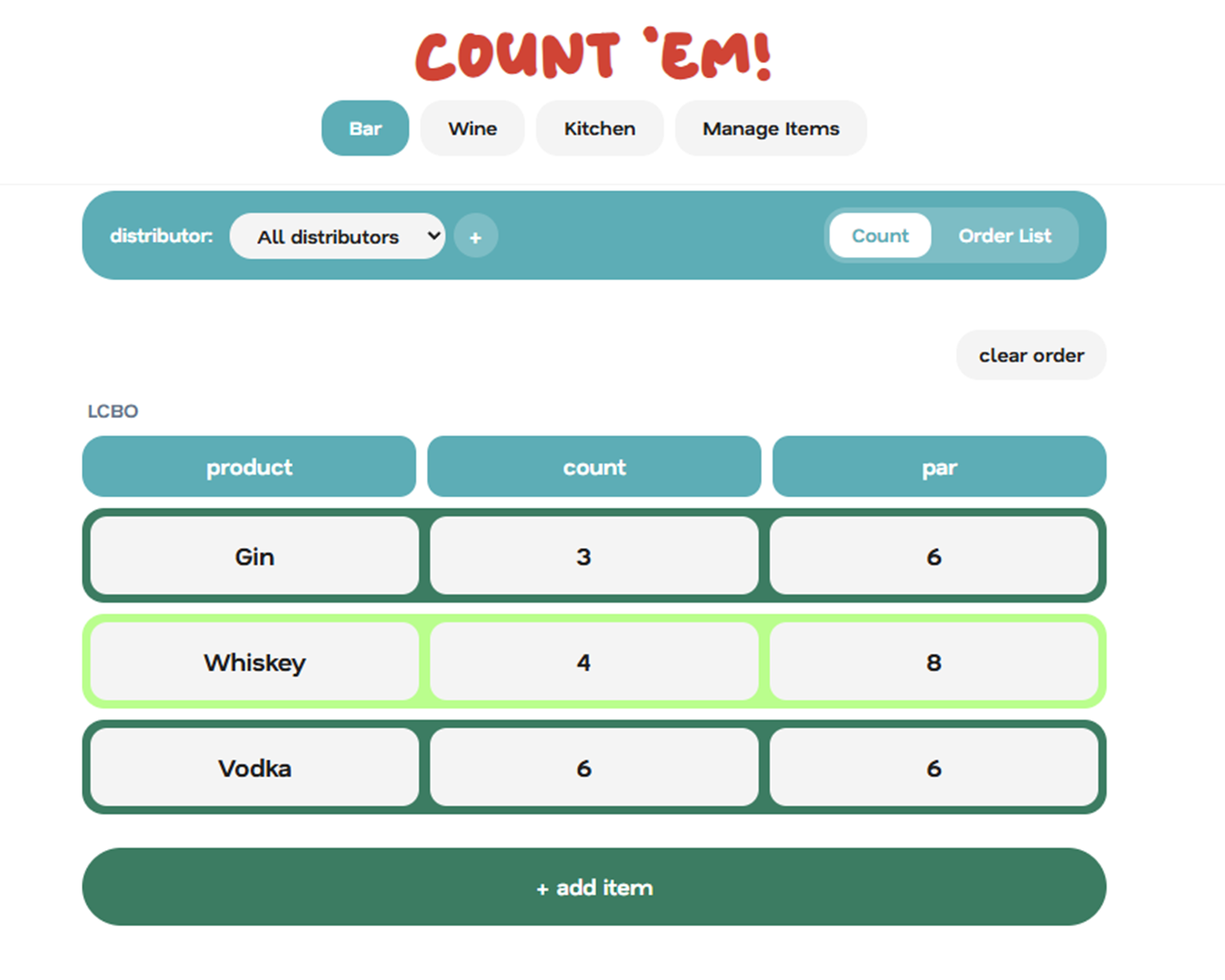 Bar count screen showing LCBO liquor products with count and par columns